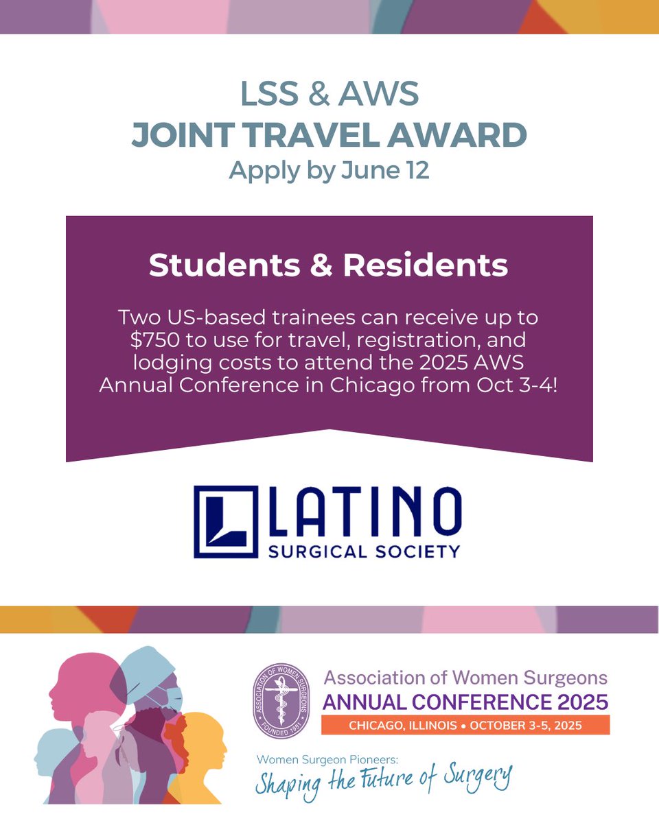 LatinoSurgSociety (@latinosurgery) on Twitter photo Apply now for the AWS x LSS Joint Sponsored Travel Award—a chance to attend the <a href="/WomenSurgeons/">WomenSurgeons</a> 🎉Conference and connect with an empowering surgical community.
Don’t miss out! 📢
Deadline: June 12! Apply now for the AWS x LSS Joint Sponsored Travel Award—a chance to attend the <a href="/WomenSurgeons/">WomenSurgeons</a> 🎉Conference and connect with an empowering surgical community.
Don’t miss out! 📢
Deadline: June 12!
