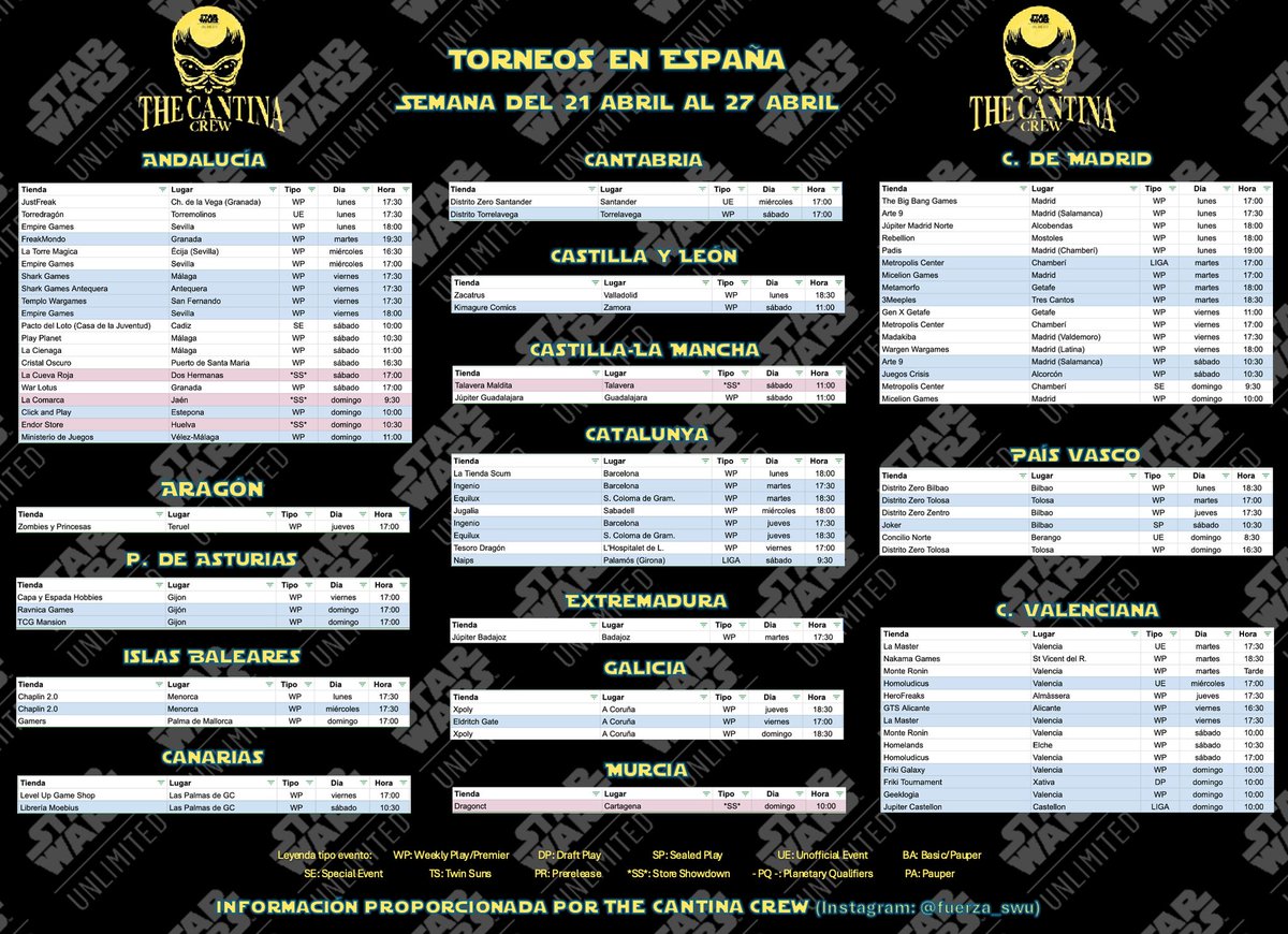 ¡Prepárate para las batallas galácticas de esta semana! Aquí está el calendario con los emocionantes eventos y torneos. ¡No te pierdas la acción en Star Wars Unlimited!
<a href="/Asmodee_es/">Asmodee España</a> <a href="/asmop_es/">ASMODEE OP España</a> <a href="/FFGames_ES/">FFGames en español</a> <a href="/SWUTCG/">Star Wars Unlimited TCG - SPN</a>