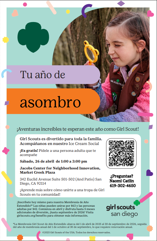 Amazing adventures await you this year as a Girl Scout! 🍦 Want to learn more about you and/or your child joining? 

On Sat. 4/26 from 1-3 p.m., enjoy ice cream, compliments of Girl Scouts at Market Creek Plaza (342 Euclid Ave., Suite 501-502 and patio).