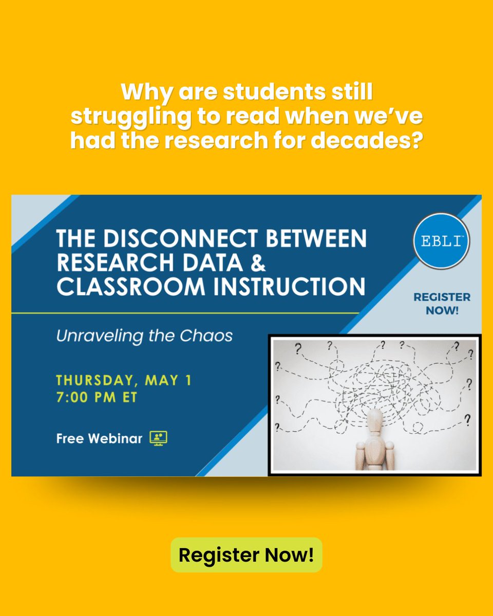 Why is there a gap between reading research and what’s taught in schools?

Join EBLI’s free webinar: The Disconnect Between Research Data &amp; Classroom Instruction

Register: pardot.eblireads.com/l/835013/2025-…

#ScienceOfReading #EBLI #K12Education #ReadingInstruction