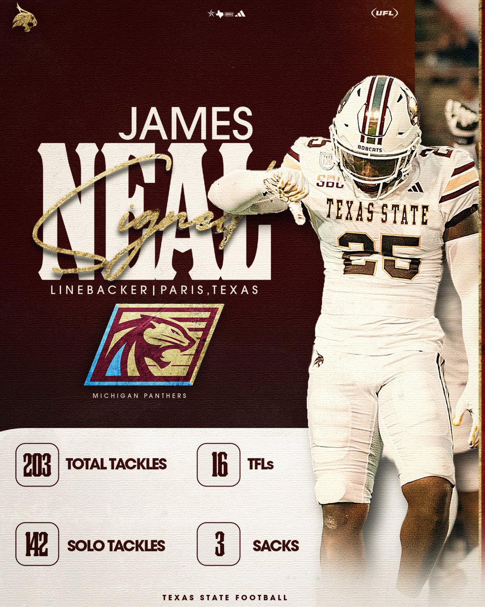 Texas State Football (@txstatefootball) on Twitter photo ๐๐๐๐๐๐ ๐๐๐๐๐. ๐๐
๐ ๐๐๐๐๐๐๐๐.
Congratulations to <a href="/Kingf_24/">JAMES NEAL</a> signing to the Michigan Panthersโผ๏ธ
#EatEmUp | <a href="/USFLPanthers/">Michigan Panthers</a> ๐๐๐๐๐๐ ๐๐๐๐๐. ๐๐
๐ ๐๐๐๐๐๐๐๐.
Congratulations to <a href="/Kingf_24/">JAMES NEAL</a> signing to the Michigan Panthersโผ๏ธ
#EatEmUp | <a href="/USFLPanthers/">Michigan Panthers</a>
