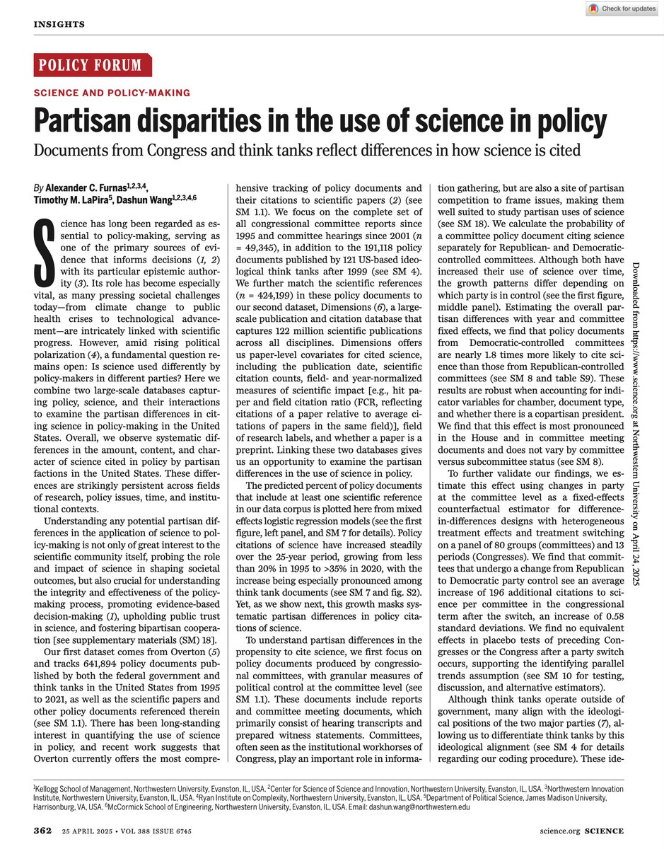 Dashun Wang (@dashunwang) on Twitter photo 🚨 Our latest paper is out today in Science!
We uncover stark and systematic partisan differences in the amount, content, and character of science used in policy, which mirror differences in political elites’ trust in science.
Four years in the making. Led by <a href="/zfurnas/">Zander Furnas</a>
1/n 🚨 Our latest paper is out today in Science!
We uncover stark and systematic partisan differences in the amount, content, and character of science used in policy, which mirror differences in political elites’ trust in science.
Four years in the making. Led by <a href="/zfurnas/">Zander Furnas</a>
1/n