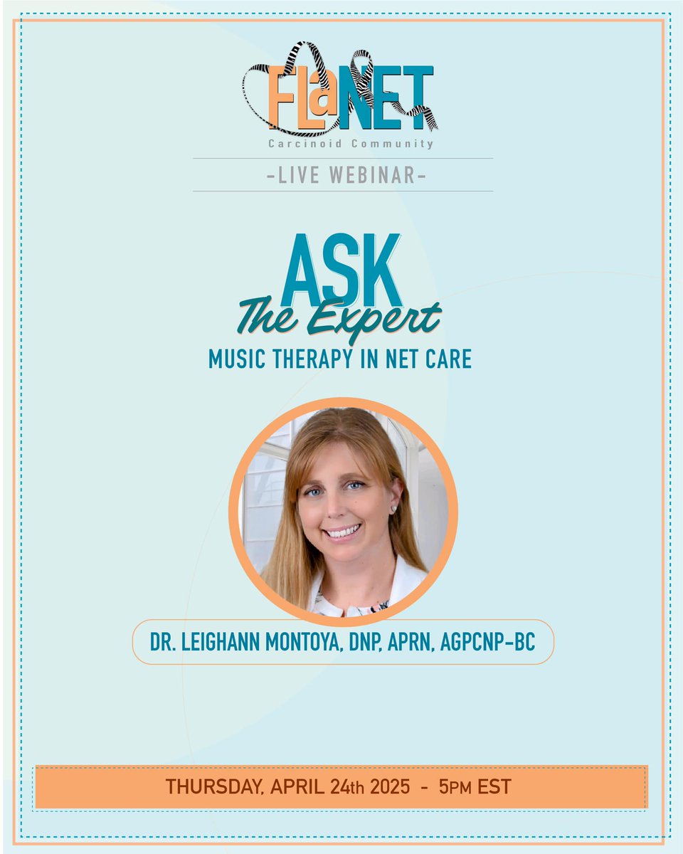 FLaNETcommunity's tweet image. Join us for a live webinar on Music Therapy in NETs 🎶 with Leighann Montoya, DNP, APRN, NP-C from Moffitt Cancer Center, TONIGHT at 5 PM — an inspiring session you won’t want to miss! 💜
Zoom link: bit.ly/FLANet
Passcode (if promoted): 145584
