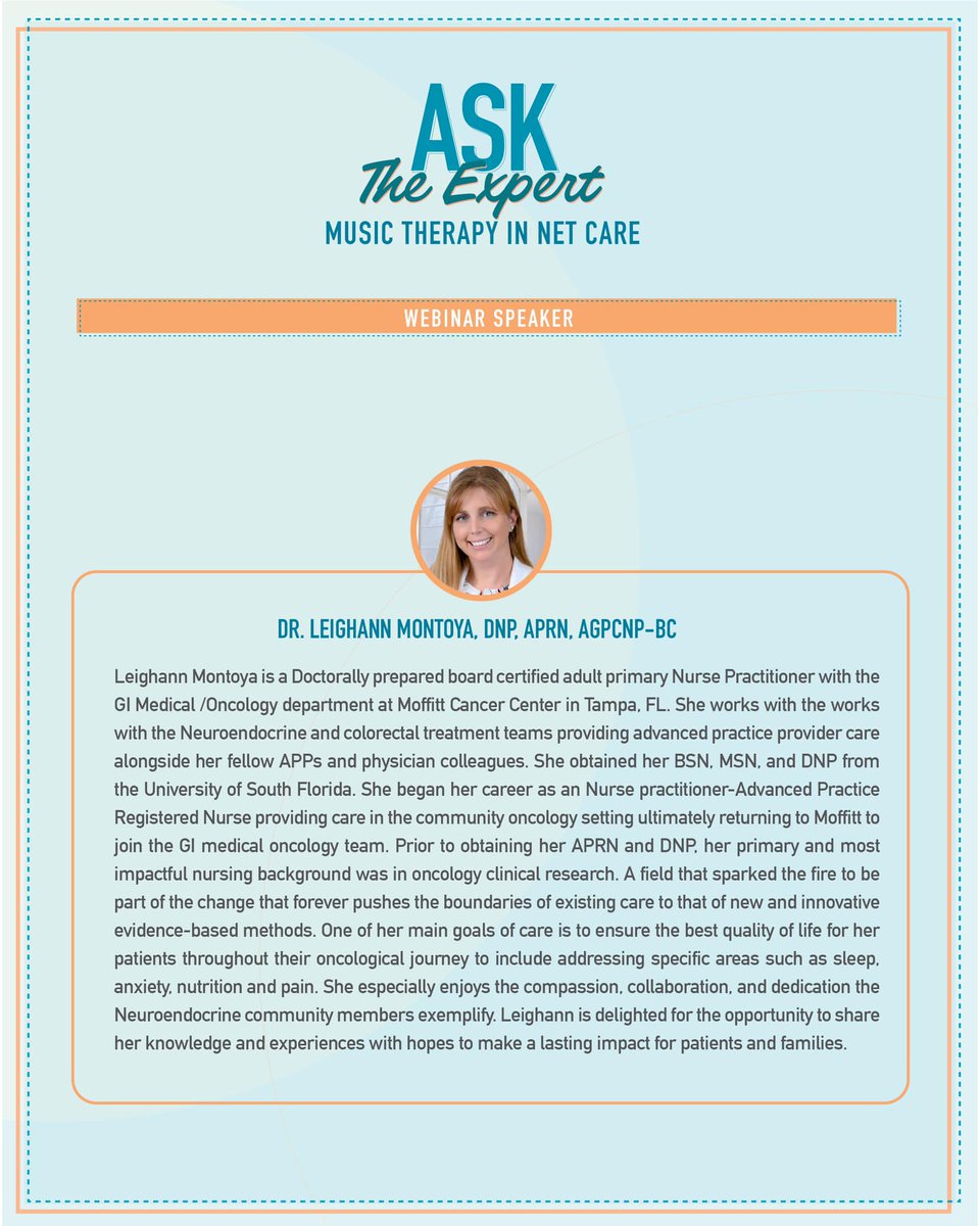 FLaNETcommunity's tweet image. Join us for a live webinar on Music Therapy in NETs 🎶 with Leighann Montoya, DNP, APRN, NP-C from Moffitt Cancer Center, TONIGHT at 5 PM — an inspiring session you won’t want to miss! 💜
Zoom link: bit.ly/FLANet
Passcode (if promoted): 145584