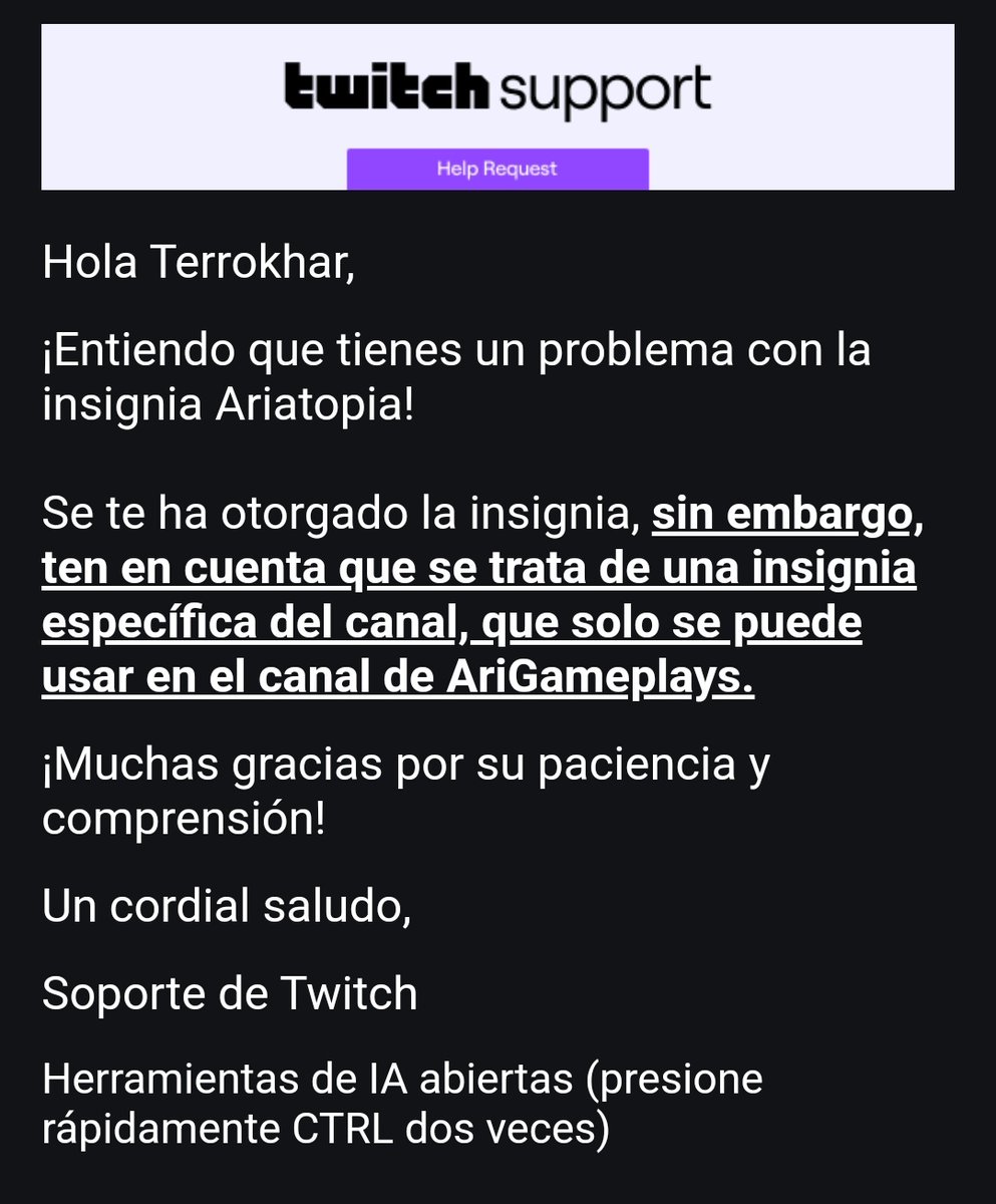 Tanto se promociono el evento de <a href="/arigameplays/">ARI 🍓✨</a> que iba a regalar una Insignia Global. Para que al final sea solo una burla de ese evento de #Ariatopia 
No es culpa de Twitch, al final la que prometio la Insignia Global fue la misma streamer