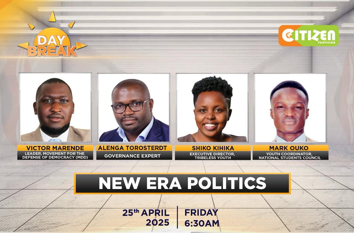 How do we forge a new political landscape in Kenya? Do we need a NEW path to progress? 

Tomorrow, 25th April, 2025 at 6:30am, <a href="/citizentvkenya/">Citizen TV Kenya</a> will be hosting our E.D <a href="/Shikohkihika/">Shikoh Kihika</a> alongside <a href="/OkothMarende/">Victor Marende</a> <a href="/MzalendoAlenga/">Alenga Torosterdt</a> and Mark Ouko on #DayBreak 

Stay Tuned!

<a href="/TrevorOmbija/">Trevor Ombija, HSC</a>