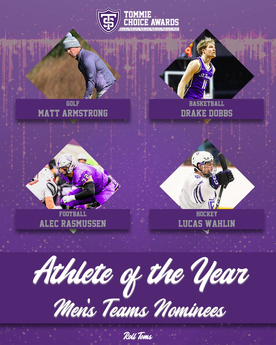 TommieAthletics's tweet photo. The weekend before the Tommie Choice Awards and we're not counting down the days, we're counting down the hours!

With so many deserving athletes, these are the four left to make their case for the 2025 Athlete Of The Year for a men's team!

@TommieMGolf @TommieMBBall @TommieMHockey @UST_Football 

#RollToms