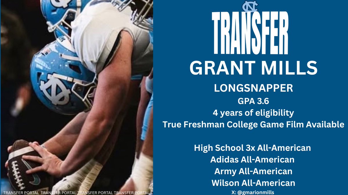 Grant Mills (@gmarionmills) on Twitter photo I have decided to enter the transfer portal with 4 years of eligibility. Thank you Carolina, I look forward to what’s next!
<a href="/TheChrisRubio/">Rubio Long Snapping®</a> <a href="/HKA_Tanalski/">Adam</a> <a href="/KornblueKicking/">Brandon Kornblue</a> <a href="/CollegeFBPortal/">College Transfer Portal</a> I have decided to enter the transfer portal with 4 years of eligibility. Thank you Carolina, I look forward to what’s next!
<a href="/TheChrisRubio/">Rubio Long Snapping®</a> <a href="/HKA_Tanalski/">Adam</a> <a href="/KornblueKicking/">Brandon Kornblue</a> <a href="/CollegeFBPortal/">College Transfer Portal</a>