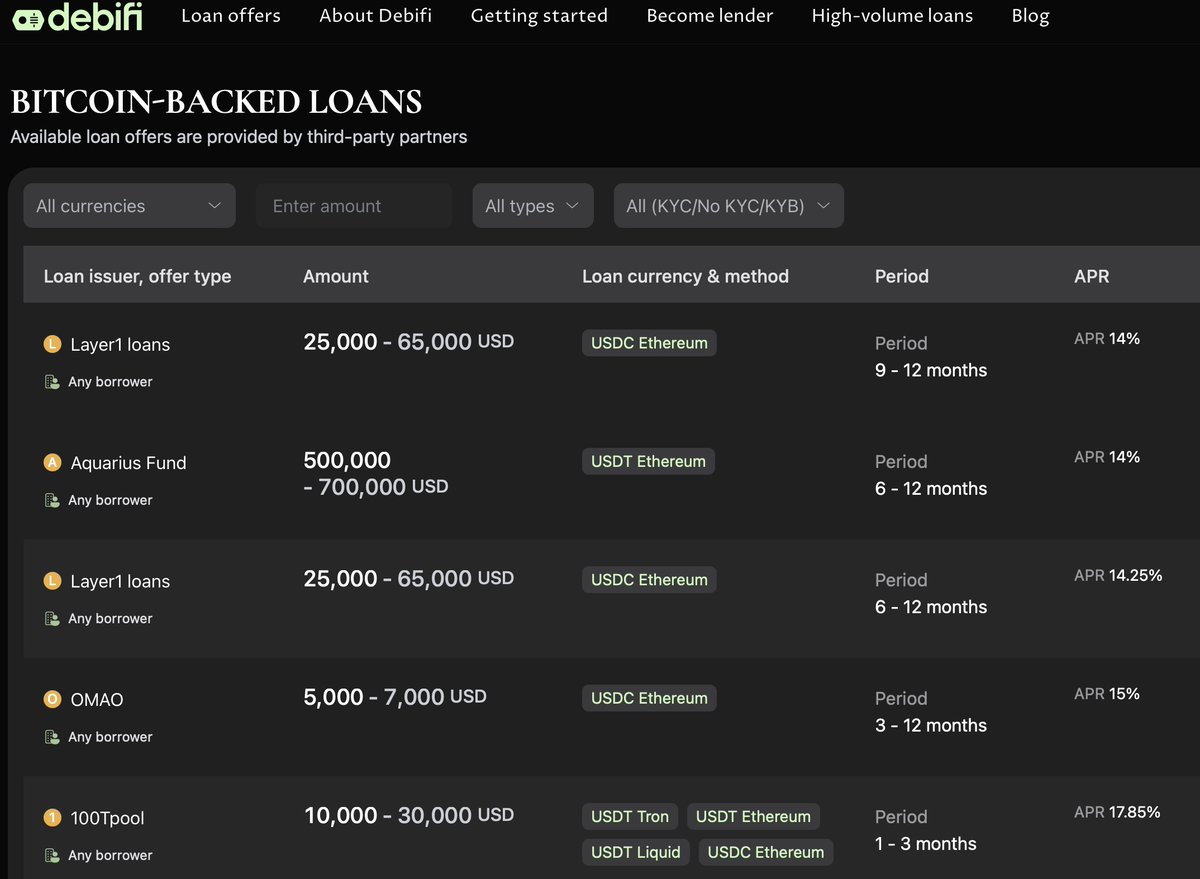 🚀 It’s time to unlock true liquidity.
Get #Bitcoin  - backed loans starting at just 14% APR on Debifi. 
✔️ Non-custodial
✔️ Multisig-secured
Don’t sell your Bitcoin.
Borrow against it.
Own your money.
debifi.com/offers
#bitcoinloans