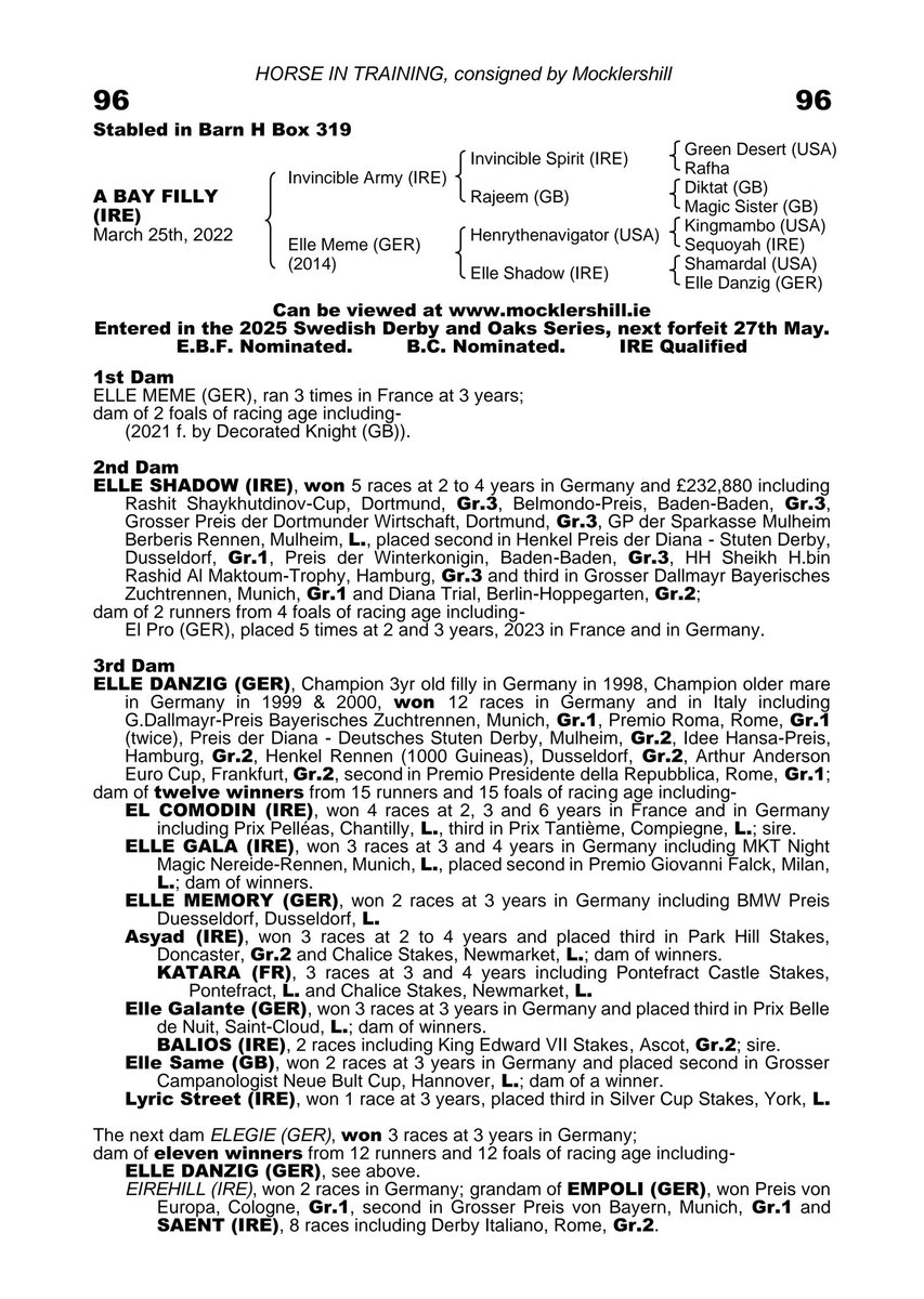 Wildenstein Breeding - FanPage (@bleuballymore) on Twitter photo <a href="/InvincibleArmy0/">Invincible Army</a> <a href="/francegalop/">France Galop</a> <a href="/francesire/">France Sire</a> <a href="/bloodstocknews/">EBN</a> <a href="/theTDN/">TDN</a> <a href="/rpbloodstock/">Racing Post Bloodstock</a> <a href="/RacingPost/">Racing Post</a> ๐ง๐ป IRISH LIONESS, 3yo filly by <a href="/InvincibleArmy0/">Invincible Army</a> from ELLE MEME, wins at <a href="/OvrevollGalopp/">รvrevoll Galopp</a> for her return
โก๏ธ IRISH LIONESS, 3 wins in 5 races, sold by <a href="/Mocklershill1/">Mocklershill</a> to <a href="/StroudColeman/">Stroud Coleman Bloodstock</a> at <a href="/Tattersalls_ie/">Tattersalls Ireland</a>
โก๏ธ Family of ELLE DANZIG, Champion 3yo filly and old mare in Germany ๐ฉ๐ช <a href="/InvincibleArmy0/">Invincible Army</a> <a href="/francegalop/">France Galop</a> <a href="/francesire/">France Sire</a> <a href="/bloodstocknews/">EBN</a> <a href="/theTDN/">TDN</a> <a href="/rpbloodstock/">Racing Post Bloodstock</a> <a href="/RacingPost/">Racing Post</a> ๐ง๐ป IRISH LIONESS, 3yo filly by <a href="/InvincibleArmy0/">Invincible Army</a> from ELLE MEME, wins at <a href="/OvrevollGalopp/">รvrevoll Galopp</a> for her return
โก๏ธ IRISH LIONESS, 3 wins in 5 races, sold by <a href="/Mocklershill1/">Mocklershill</a> to <a href="/StroudColeman/">Stroud Coleman Bloodstock</a> at <a href="/Tattersalls_ie/">Tattersalls Ireland</a>
โก๏ธ Family of ELLE DANZIG, Champion 3yo filly and old mare in Germany ๐ฉ๐ช
