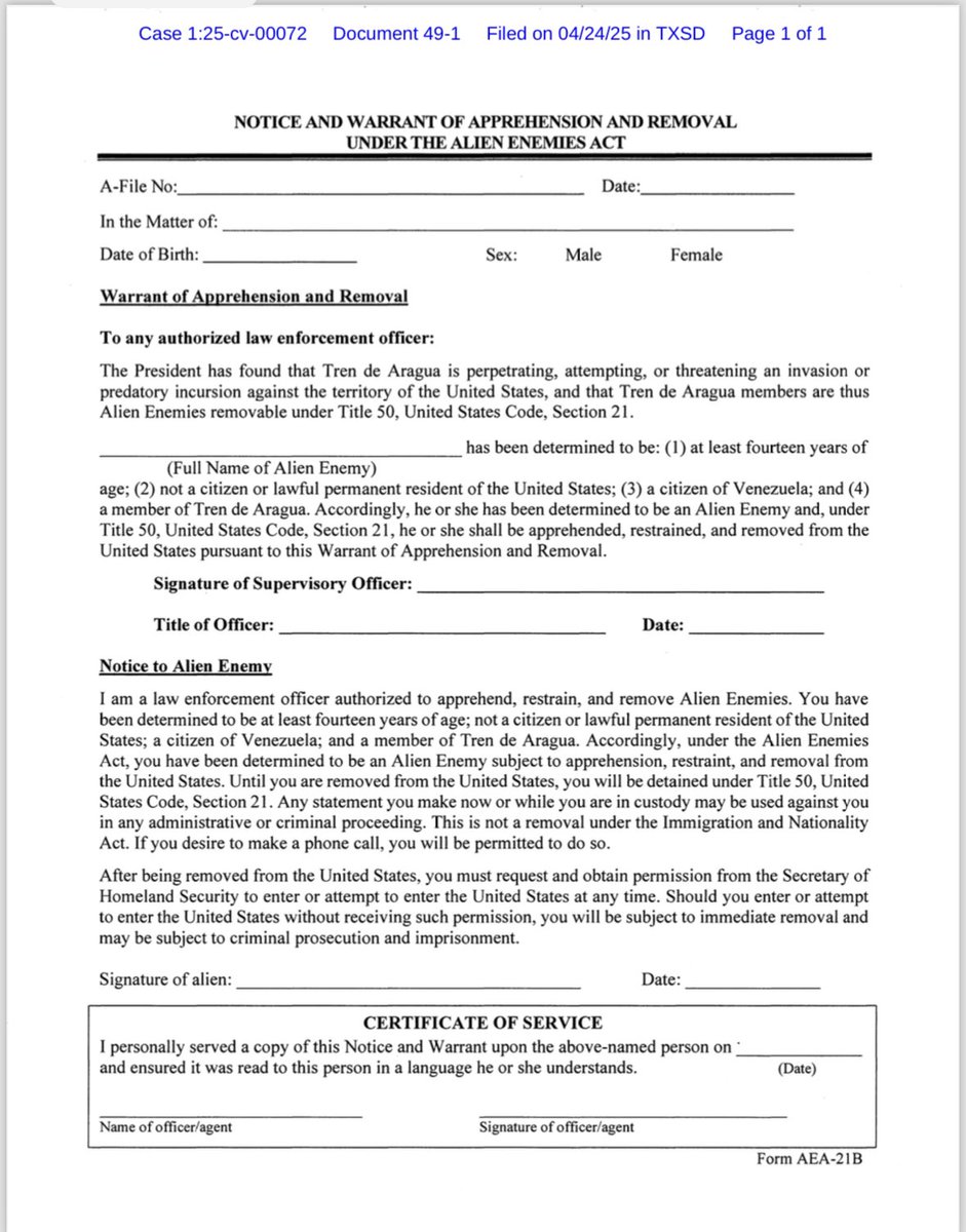 BREAKING: The US is now only giving migrants 12 hours to decide whether they want to contest under the wartime authority, Alien Enemies Act, down from 24 hours. The government attempted to seal the document but judge just unsealed it.