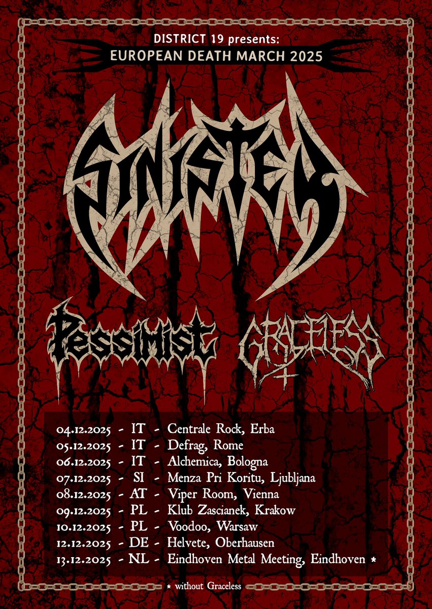Pessimist return to Europe in December with the Dutch death-dealers in Sinister &amp; Graceless

Get show &amp; ticket info at district-19.com/shows/

#Pessimist #Deathmetal #Pessimistcult #Sinister