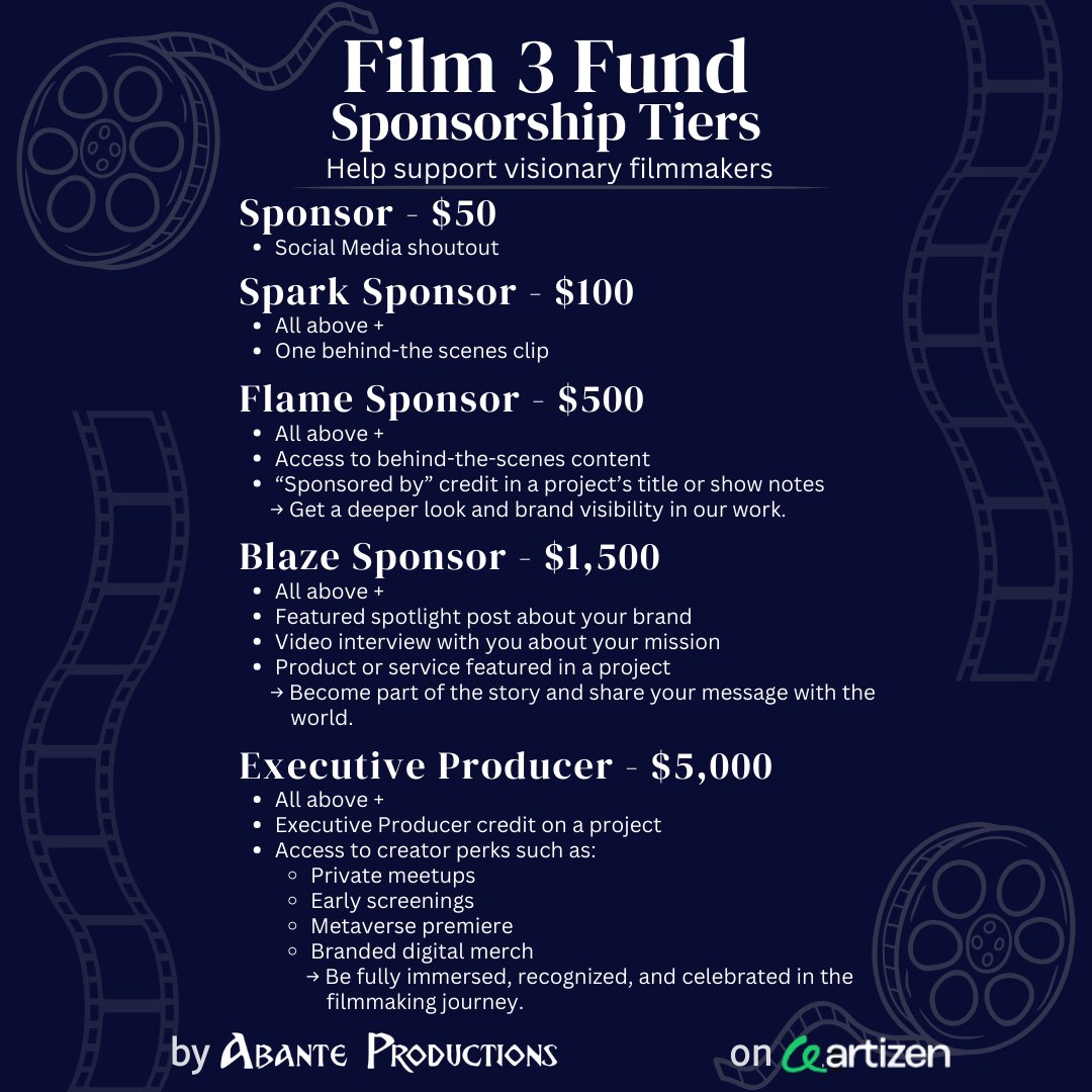 Sponsor the #Film3 Fund on <a href="/ArtizenFund/">Artizen</a> and receive rewards ✨

Support Indie Filmmakers and be part of their journey

Artizen is matching funds up to $10,000 💸

artizen.fund/index/mf/film3…