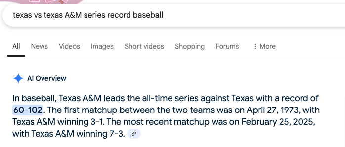 kyleumlang's tweet photo. I think this explains why Aggies are always getting destroyed on this app...can't trust AI
Texas leads the series 245-132 by the way
#AggieFactThursday
#AggieHateWeek https://t.co/wAGrvmkssh