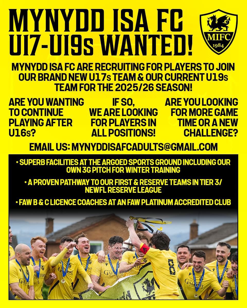 We're recruiting for a brand new U17s team &amp; our current U19s team for next season. Anyone interested, please check out the details on the poster below &amp; get in touch! 👇#uptheisa 🟡⚫