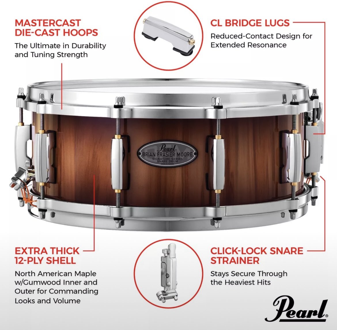 BrianFrasierM's tweet image. BFM Signature Snare available at BFMWORLD.com #bfmsignaturesnare @PearlDrumCorp 

This luxurious instrument features the strong, recording-friendly shell combination of North American Maple and premium imported Gum wood. However, its extra-thick 12-ply configuration,