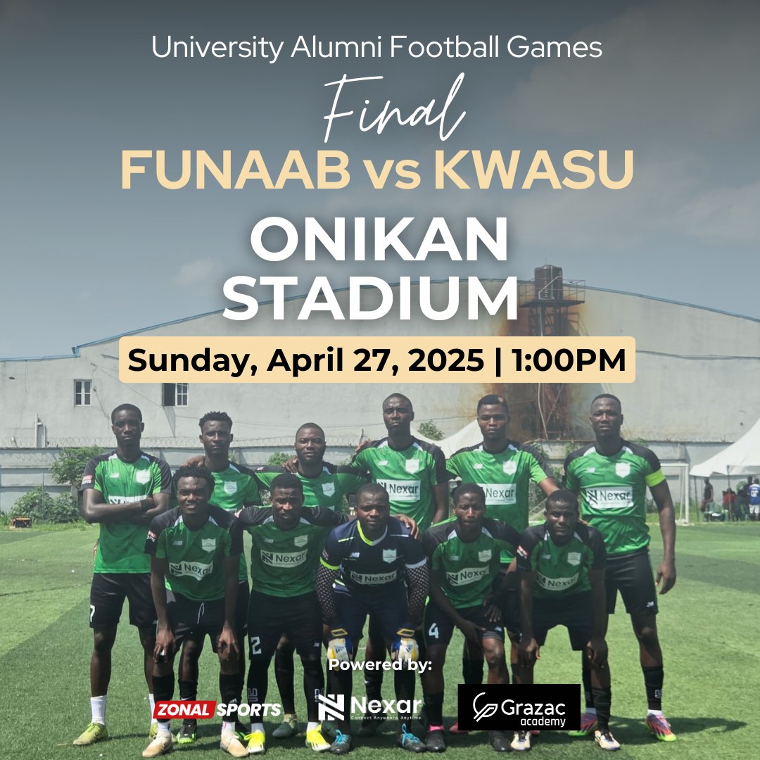 Taiwo Majeks (@taiwomajeks) on Twitter photo In case you missed it:
On Sunday,Onikan Stadium in Lagos will host the grand finale of the maiden <a href="/9jaXFootball/">ALL STARS FOOTBALL MATCH</a> University Alumni Football Games.
<a href="/teamfunaab/">FUNAAB Alumni Football Team</a>, the first team to book their spot in the final, will go head-to-head with <a href="/KwasuAlumniFT/">KwasuAlumniFT</a>.
Kick-off is set for 1PM. In case you missed it:
On Sunday,Onikan Stadium in Lagos will host the grand finale of the maiden <a href="/9jaXFootball/">ALL STARS FOOTBALL MATCH</a> University Alumni Football Games.
<a href="/teamfunaab/">FUNAAB Alumni Football Team</a>, the first team to book their spot in the final, will go head-to-head with <a href="/KwasuAlumniFT/">KwasuAlumniFT</a>.
Kick-off is set for 1PM.