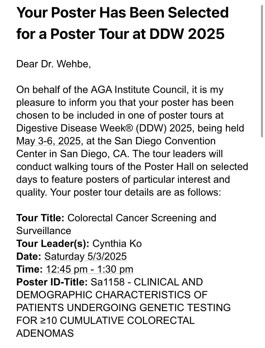Sarah Wehbé (@wehbesarah) on Twitter photo Excited to have our poster selected as one of four featured in the Colorectal Cancer Screening and Surveillance tour #DDW2025! Stop by Saturday, May 3 to learn more about genetic testing in individuals with 10+ cumulative colorectal adenomas! <a href="/AmerGastroAssn/">American Gastroenterological Association (AGA)</a> <a href="/CMacaronMD/">Carole Macaron</a> 🌅 Excited to have our poster selected as one of four featured in the Colorectal Cancer Screening and Surveillance tour #DDW2025! Stop by Saturday, May 3 to learn more about genetic testing in individuals with 10+ cumulative colorectal adenomas! <a href="/AmerGastroAssn/">American Gastroenterological Association (AGA)</a> <a href="/CMacaronMD/">Carole Macaron</a> 🌅