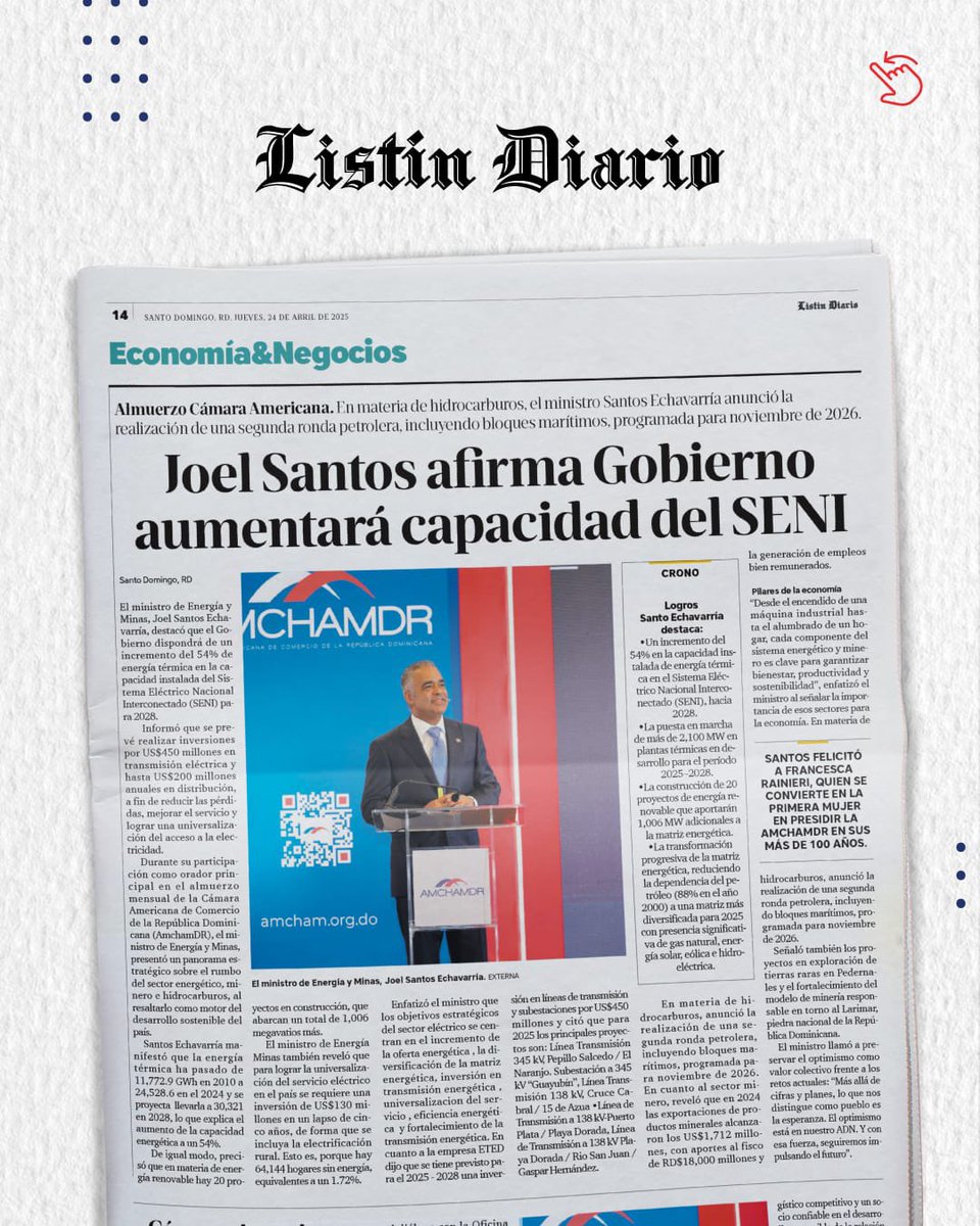 Energía, minería e hidrocarburos fueron titulares nacionales.

En <a href="/AMCHAMDR/">AMCHAMDR</a>, el ministro <a href="/joelsantose/">Joel Santos Echavarría</a> presentó la visión del #MEMRD🇩🇴 para transformar el SENI, avanzar en minería responsable y relanzar hidrocarburos.

Un paso firme hacia el futuro.
#EnergíaRD