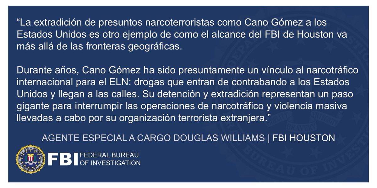 miFBIHouston's tweet image. Adrián Alberto Cano Gómez, de nacionalidad colombiana, está en manos de agentes del FBI Houston y @DEAHoustonDiv tras ser extraditado por narcoterrorismo y distribución internacional de cocaína. Es presunto miembro del Ejército de Liberación Nacional (ELN) justice.gov/usao-sdtx/pr/c…