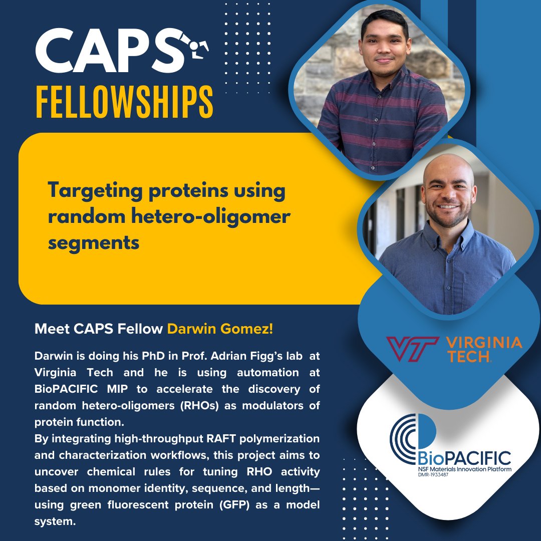 BioPACIFIC MIP (@biopacificmip) on Twitter photo CAPS Fellowships Spotlight!
<a href="/SEE_adrian_figg/">Adrian Figg</a> group from <a href="/virginia_tech/">Virginia Tech</a> is using automation to design bioactive random hetero-oligomers 🧬
✅ RAFT-synthesized RHOs targeting protein surfaces
✅ High-throughput assays using GFP
✅ Datasets to fuel AI-driven drug discovery
#Polymers CAPS Fellowships Spotlight!
<a href="/SEE_adrian_figg/">Adrian Figg</a> group from <a href="/virginia_tech/">Virginia Tech</a> is using automation to design bioactive random hetero-oligomers 🧬
✅ RAFT-synthesized RHOs targeting protein surfaces
✅ High-throughput assays using GFP
✅ Datasets to fuel AI-driven drug discovery
#Polymers