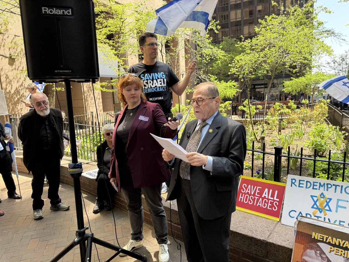 RepJerryNadler's tweet photo. Today I spoke at a rally in New York protesting Itamar Ben-Gvir’s visit and making clear that Ben-Gvir is not welcome here. We must be crystal clear about who Ben-Gvir is: he is a racist, terrorist, Jewish supremacist, bent on enacting Meir Kahane’s vision. He has prevented the hostages from coming home and pushed for an unending war in Gaza. Ben-Gvir is the inciter-in-chief of settler violence in the West Bank, and I invite my colleagues to join me in supporting new legislation I will introduce next week to combat all violence in the West Bank in response to Ben-Gvir’s visit.