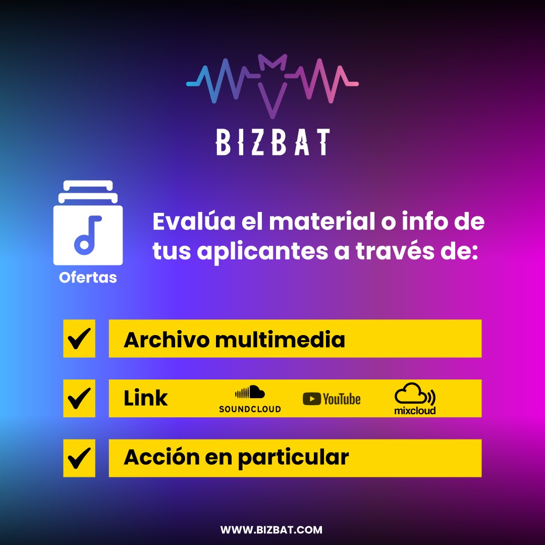 Al generar OFERTAS puedes seleccionar el material con el que quieres evaluar la música participante y facilitar a tus aplicantes la forma de presentar su talento. Recuerda que en tu herramienta de booking también puedes calificar cada propuesta 🥇