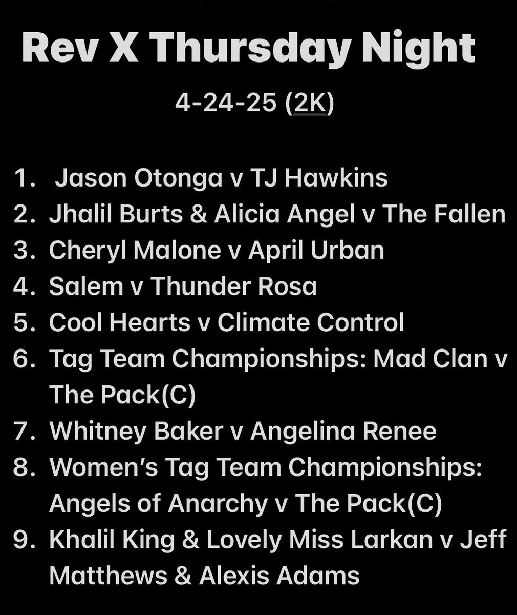 Revlation X (@revlation_x) on Twitter photo 7:05pmest
<a href="/Jason_Atonga/">♧TheDemiGodJasonAtonga♡</a> <a href="/HARDKORE_CHAOs/">Akai Avenu</a> <a href="/Darkhavoc_revx/">Perry Freeman</a> <a href="/CherylMalone2K/">Cheryl Malone 🌸</a> <a href="/Salemthestar2k/">Queen Salem</a> <a href="/thunderrosa22/">Thunder Rosa</a> <a href="/AllHeartAce/">“All Heart” Ace</a> <a href="/DJ_Rellik_Live/">Greg Ward</a> <a href="/Brisguy2742/">Mad Dog O’Mega</a> <a href="/Fear_ThePack/">The Multi-Time Tag Team Champions</a> <a href="/KDOGWRESWORLD/">𝓐𝓵𝓵 𝓐𝓰𝓪𝓲𝓷𝓼𝓽 𝓞𝓭𝓭𝓼</a> <a href="/King4CrazyLion/">Whitney Baker🦁</a> <a href="/AngelinaRenee2K/">Angelina Renee 🇮🇹🇺🇸🇮🇪</a> <a href="/RevXProWrestlin/">Revolution Xtreme Pro Wrestling</a> <a href="/LaceyMyersCaw/">Lacey Myers</a> <a href="/LAFinestKDJ/">Khalil “LA-Finest” King</a> <a href="/LarkanDanielle/">Lovely Miss Larkan</a> <a href="/PF_Matthews/">𝕵𝖊𝖋𝖋 𝕸𝖆𝖙𝖙𝖍𝖊𝖜𝖘/ジェフ・マシューズ</a> 7:05pmest
<a href="/Jason_Atonga/">♧TheDemiGodJasonAtonga♡</a> <a href="/HARDKORE_CHAOs/">Akai Avenu</a> <a href="/Darkhavoc_revx/">Perry Freeman</a> <a href="/CherylMalone2K/">Cheryl Malone 🌸</a> <a href="/Salemthestar2k/">Queen Salem</a> <a href="/thunderrosa22/">Thunder Rosa</a> <a href="/AllHeartAce/">“All Heart” Ace</a> <a href="/DJ_Rellik_Live/">Greg Ward</a> <a href="/Brisguy2742/">Mad Dog O’Mega</a> <a href="/Fear_ThePack/">The Multi-Time Tag Team Champions</a> <a href="/KDOGWRESWORLD/">𝓐𝓵𝓵 𝓐𝓰𝓪𝓲𝓷𝓼𝓽 𝓞𝓭𝓭𝓼</a> <a href="/King4CrazyLion/">Whitney Baker🦁</a> <a href="/AngelinaRenee2K/">Angelina Renee 🇮🇹🇺🇸🇮🇪</a> <a href="/RevXProWrestlin/">Revolution Xtreme Pro Wrestling</a> <a href="/LaceyMyersCaw/">Lacey Myers</a> <a href="/LAFinestKDJ/">Khalil “LA-Finest” King</a> <a href="/LarkanDanielle/">Lovely Miss Larkan</a> <a href="/PF_Matthews/">𝕵𝖊𝖋𝖋 𝕸𝖆𝖙𝖙𝖍𝖊𝖜𝖘/ジェフ・マシューズ</a>
