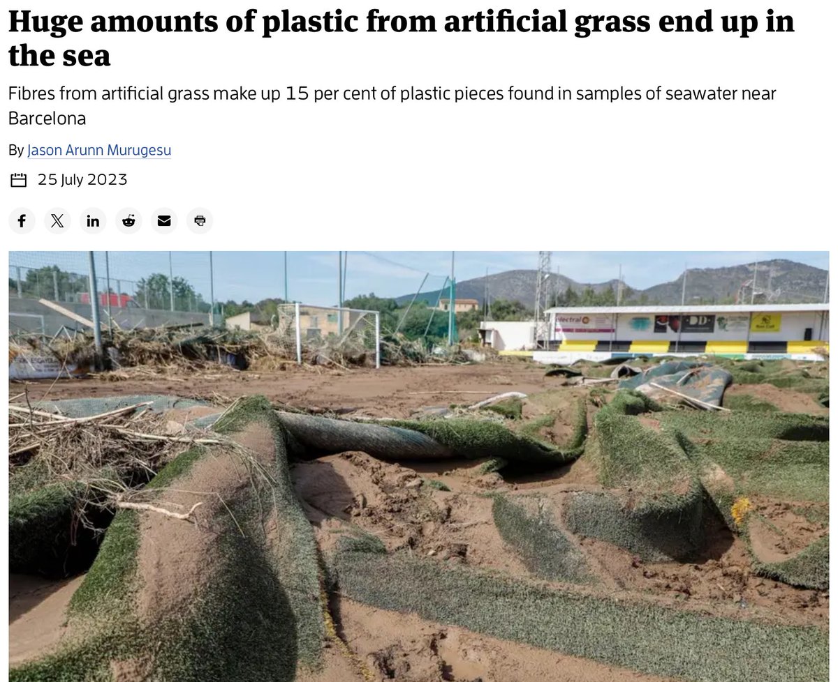 “Huge amounts of plastic from artificial grass end up in the sea.

Fibres from artificial grass make up 15% of plastic pieces found in samples of seawater near Barcelona.”

newscientist.com/article/238386…