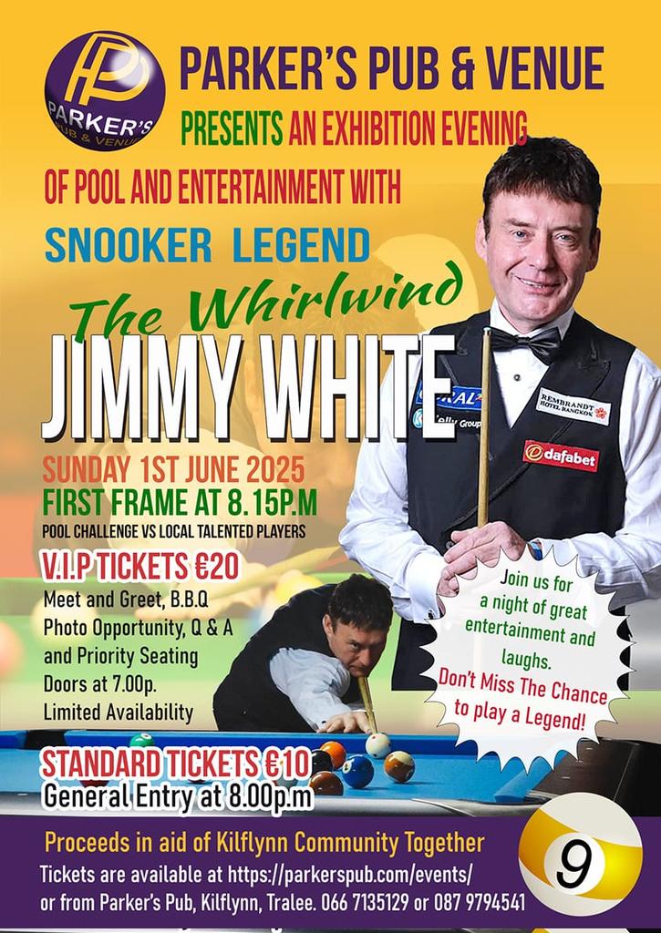 Looking forward to welcoming @jimmywhirlwindwhite to@parkerspubandvenue on Sunday evening 1st June with proceeds in aid of Kilflynn Community Together.