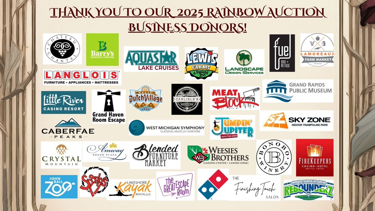 Thank you to our 2025 Rainbow Auction Business Donors!
Our business donors underwrite the event's costs, so the money raised on the night goes directly to impact the future of our students!
Click below to sponsor this event or purchase  your tickets!
ow.ly/wRyx50VEYow