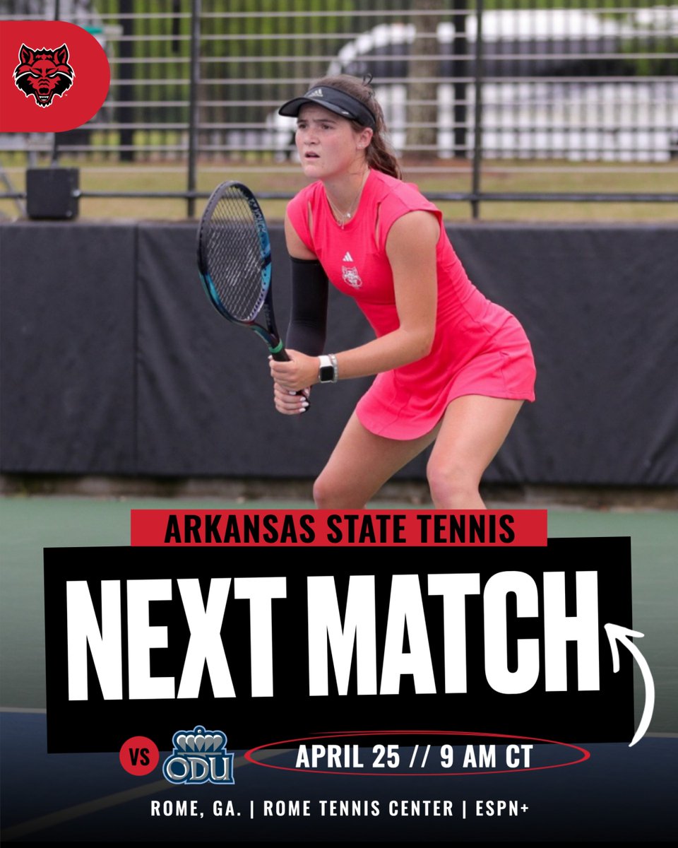 AStateTennis's tweet image. Tomorrow's quarterfinal matchup set. 🔒
🆚 #46 (1) Old Dominion
⏰ 9 AM CT
📍 Rome, Ga. | Rome Tennis Center
🎥 ESPN+
#WolvesUp