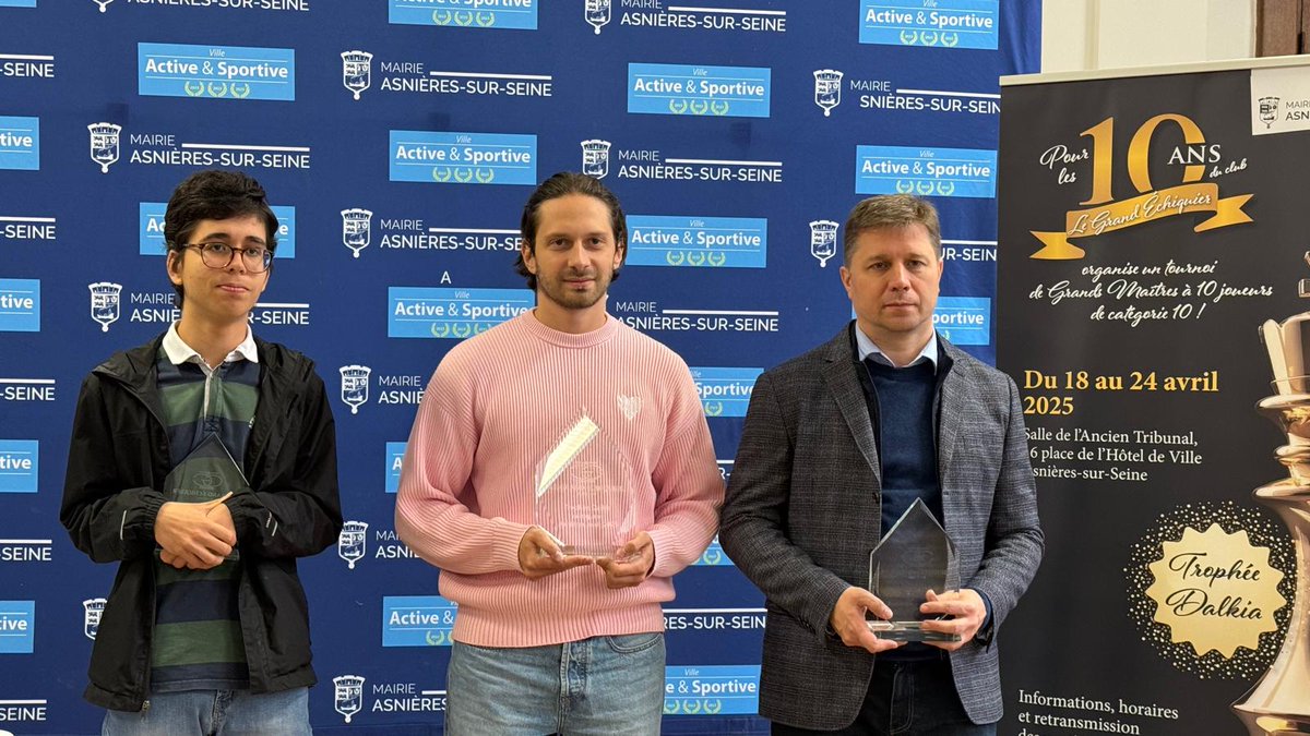 Trophée Dalkia Tournoi de GMI à Asnières victoire finale du Champion de France en titre Jules Moussard 7/9 suivi du GMI Alexander Motylev 6,5 et du Champion d'Europe U16 Marco Materia qui réalise sa 1ere norme de GM avec 6/9 ! Merci à nos partenaires <a href="/ffechecs/">Fédération Française des Échecs</a> <a href="/IDFechecs/">Ligue Île-de-France Échecs ♟️</a> <a href="/dalkia/">Dalkia</a>