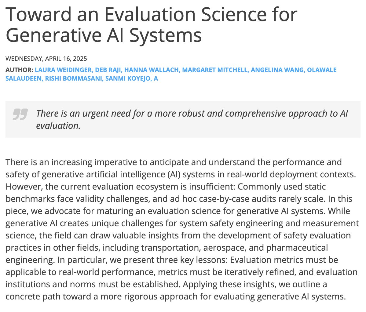 Deb Raji (@rajiinio) on Twitter photo Glad to see this piece out in <a href="/theNAEng/">National Academy of Engineering</a> for their latest edition on "AI Promises & Risks".
So many of the practical evaluation challenges with generative AI have already been encountered before. Not surprising how much we can learn from other fields!
nae.edu/337862/Spring-… Glad to see this piece out in <a href="/theNAEng/">National Academy of Engineering</a> for their latest edition on "AI Promises & Risks".
So many of the practical evaluation challenges with generative AI have already been encountered before. Not surprising how much we can learn from other fields!
nae.edu/337862/Spring-…