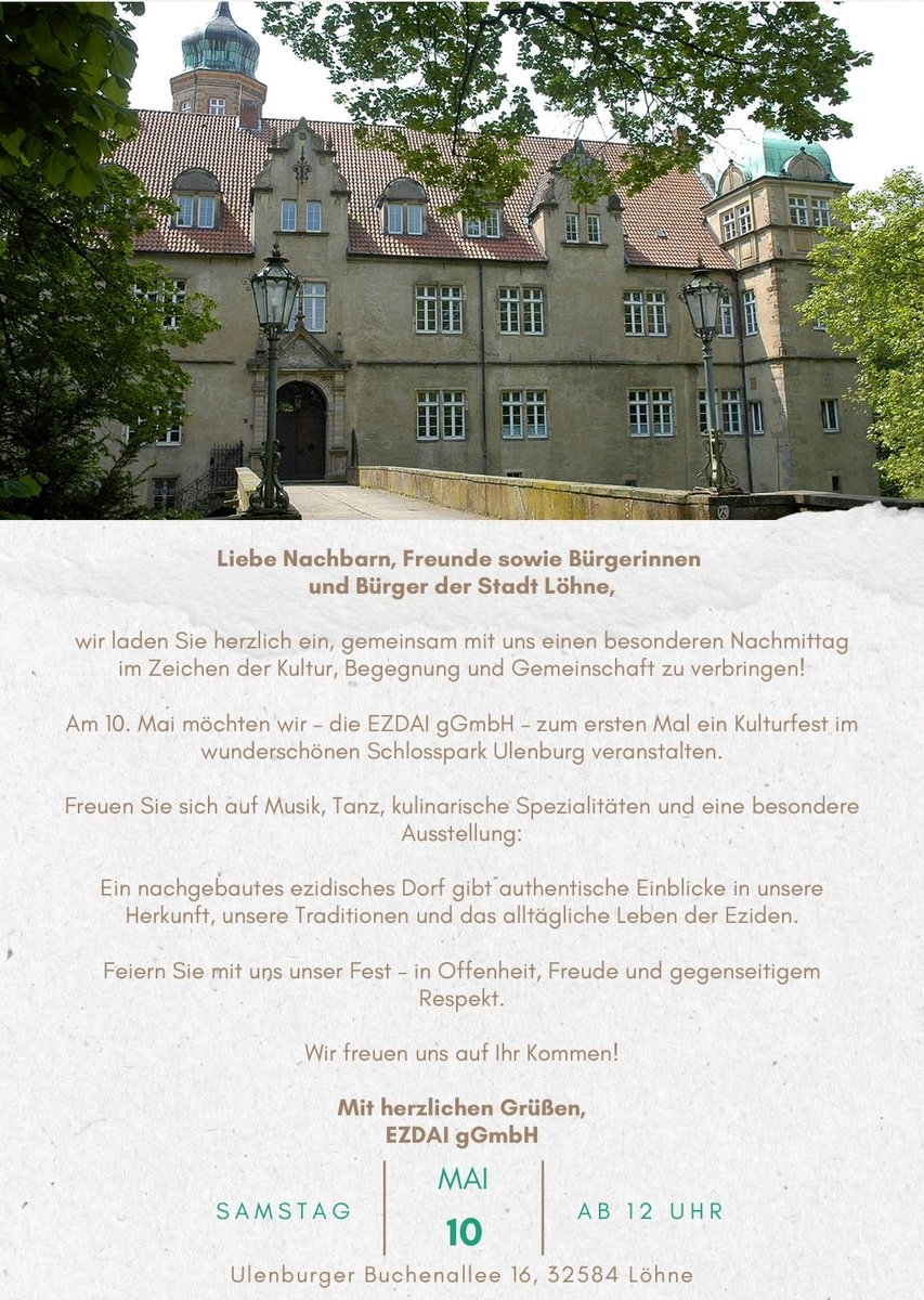 Wir laden recht herzlich ein :)

Ezidisches Kulturfestival im Schloss Ulenburg 😍