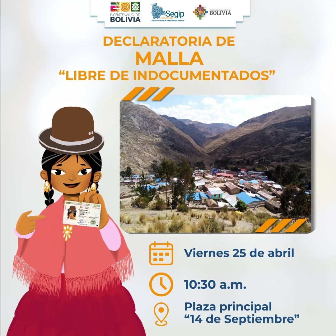 ¡Municipio de Malla!

Este viernes 25 de abril los invitamos a la Plaza Principal “14 de Septiembre”, a partir de las 10:30 de la mañana.
Será un momento histórico para el municipio al ser declarado un territorio libre de indocumentados.

#BicentenarioDeBolivia.
#PrimeroBolivia
