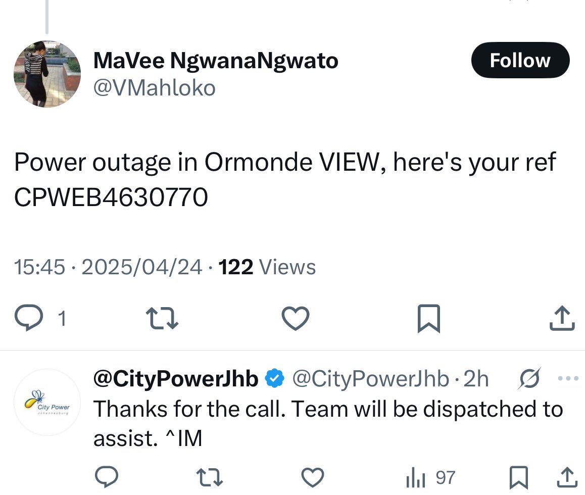 KayTladi2's tweet photo. @CityPowerJhb @mdlavuza1986 ^IM said a Team would be dispatched TWO hours ago??? See below.. https://t.co/XOQHmZNFrS