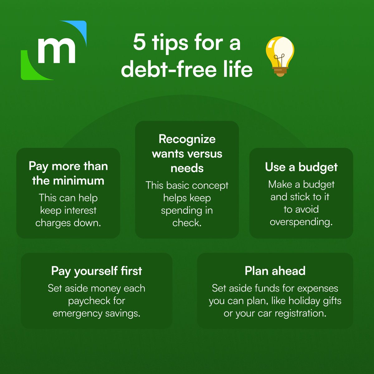 It’s Financial Literacy Month 📚 💵 
If you’re not struggling with debt right now, congrats!  And if you’re on your journey to becoming debt-free, keep going.

Once you get there, here’s how you can keep yourself free from debt.  

Source:  bit.ly/3FLQq1c