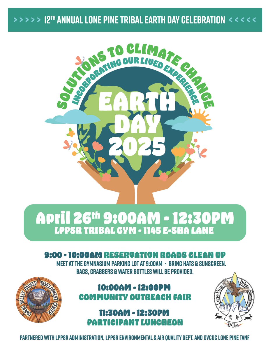 SierraForever's tweet photo. The 12th Annual Lone Pine Tribal Earth Day Celebration is this Sat, Apr 26. Stop by @SierraForever 's booth between 9:30am &amp; Noon at the Lone Pine Tribal Gym, 1145 E-Sha Road, and say hello. We will share info about upcoming programs &amp; events, incl our Alabama Hills Programs. https://t.co/ADoutijk97