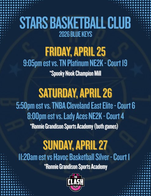 Anna Caverly (@caverlyanna) on Twitter photo This is an updated schedule for this weekend at The Clash! The Friday game has been moved to 9:05pm!
<a href="/StarsNash_GBB/">STARS HS GBB</a> <a href="/kkboutabucket/">Kaylah Keys</a> This is an updated schedule for this weekend at The Clash! The Friday game has been moved to 9:05pm!
<a href="/StarsNash_GBB/">STARS HS GBB</a> <a href="/kkboutabucket/">Kaylah Keys</a>