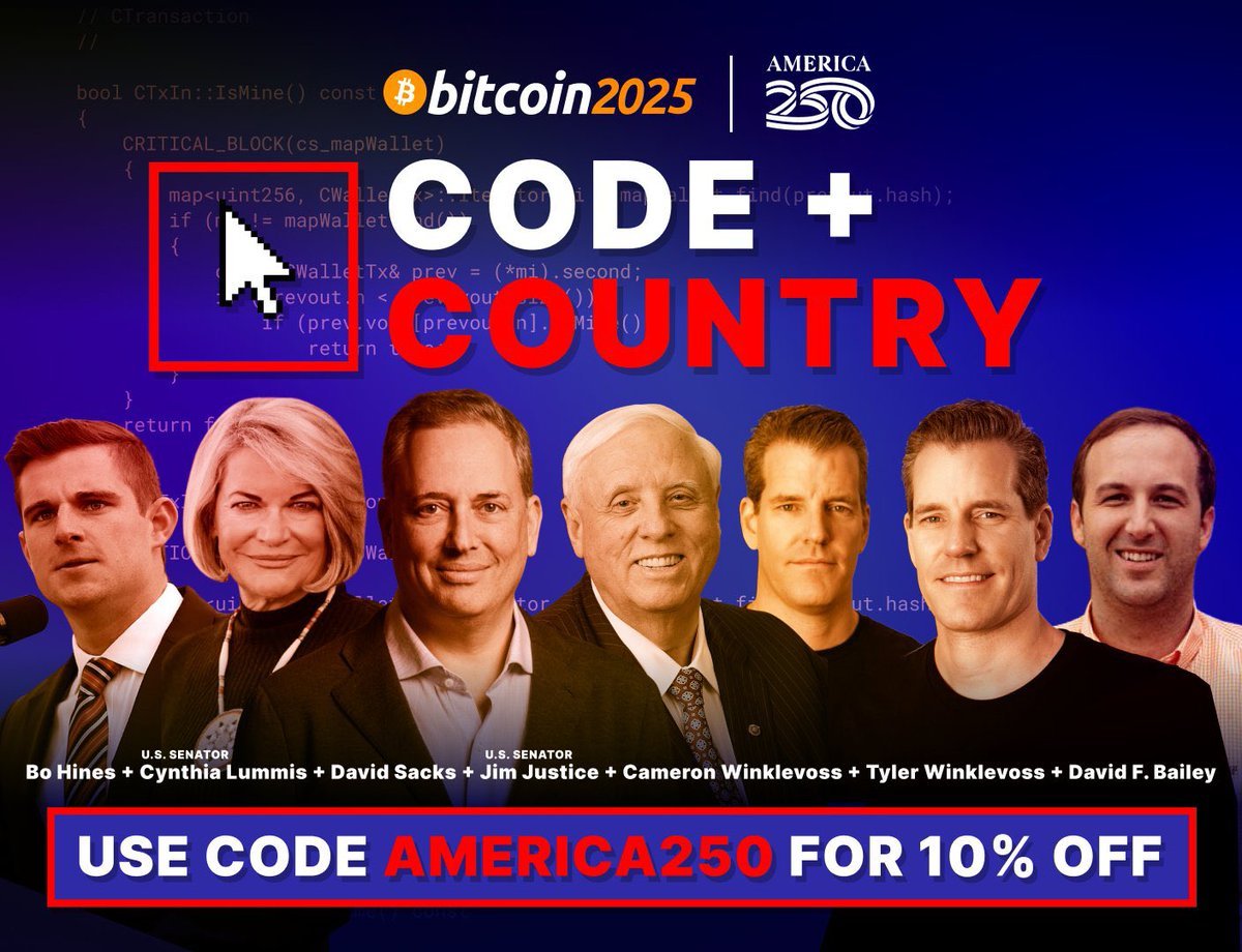 ANNOUNCING CODE+COUNTRY IN PARTNERSHIP W/ AMERICA250 MAY 27 AT #BITCOIN  2025! Learn more and grab your pass 👉 https://t.co/4VLpnxenAo