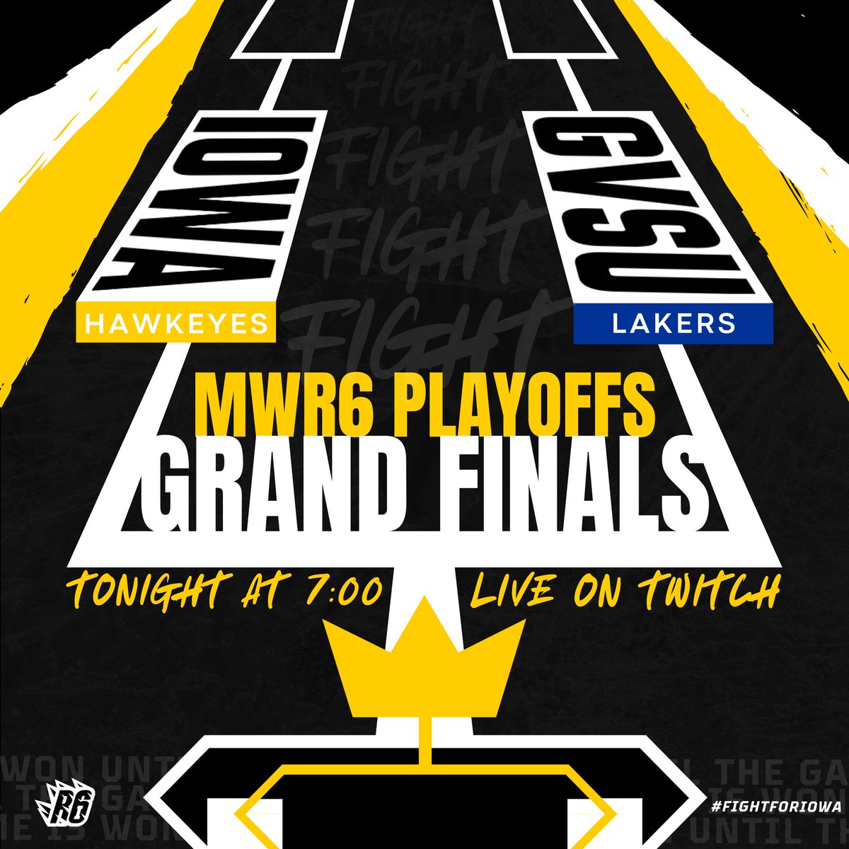 Fight! Fight! Fight! for Iowa. Until the game is won.

👑 MWR6 Grand Finals
📅 Tonight at 7:00 PM CST 
🔴 LIVE on Twitch 
🆚 Grand Valley State University

#RainbowSixSiege #eSports #FightForIowa #midwestr6