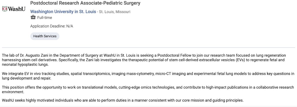 Augusto Zani (@augusto_zani) on Twitter photo Excited to share a job opening for a Postdoc Fellow studying #Extracellularvesicles as therapeutic tools for fetal/neonatal diseases <a href="/Zani_Lab/">Zani Lab</a> <a href="/WashU/">WashU</a> <a href="/WashUMedPedSurg/">WashU Medicine Division of Pediatric Surgery</a> <a href="/WashUSurgery/">WashU Medicine Department of Surgery</a>: isev.mcjobboard.net/jobs/186446?ut…
<a href="/IsevOrg/">ISEV</a> <a href="/SNEVresearch/">Student Network on EVs</a> #SNEV #ISEV2025 <a href="/ISEV_Journals/">ISEV-Journals</a> #JEV #JExBio Excited to share a job opening for a Postdoc Fellow studying #Extracellularvesicles as therapeutic tools for fetal/neonatal diseases <a href="/Zani_Lab/">Zani Lab</a> <a href="/WashU/">WashU</a> <a href="/WashUMedPedSurg/">WashU Medicine Division of Pediatric Surgery</a> <a href="/WashUSurgery/">WashU Medicine Department of Surgery</a>: isev.mcjobboard.net/jobs/186446?ut…
<a href="/IsevOrg/">ISEV</a> <a href="/SNEVresearch/">Student Network on EVs</a> #SNEV #ISEV2025 <a href="/ISEV_Journals/">ISEV-Journals</a> #JEV #JExBio
