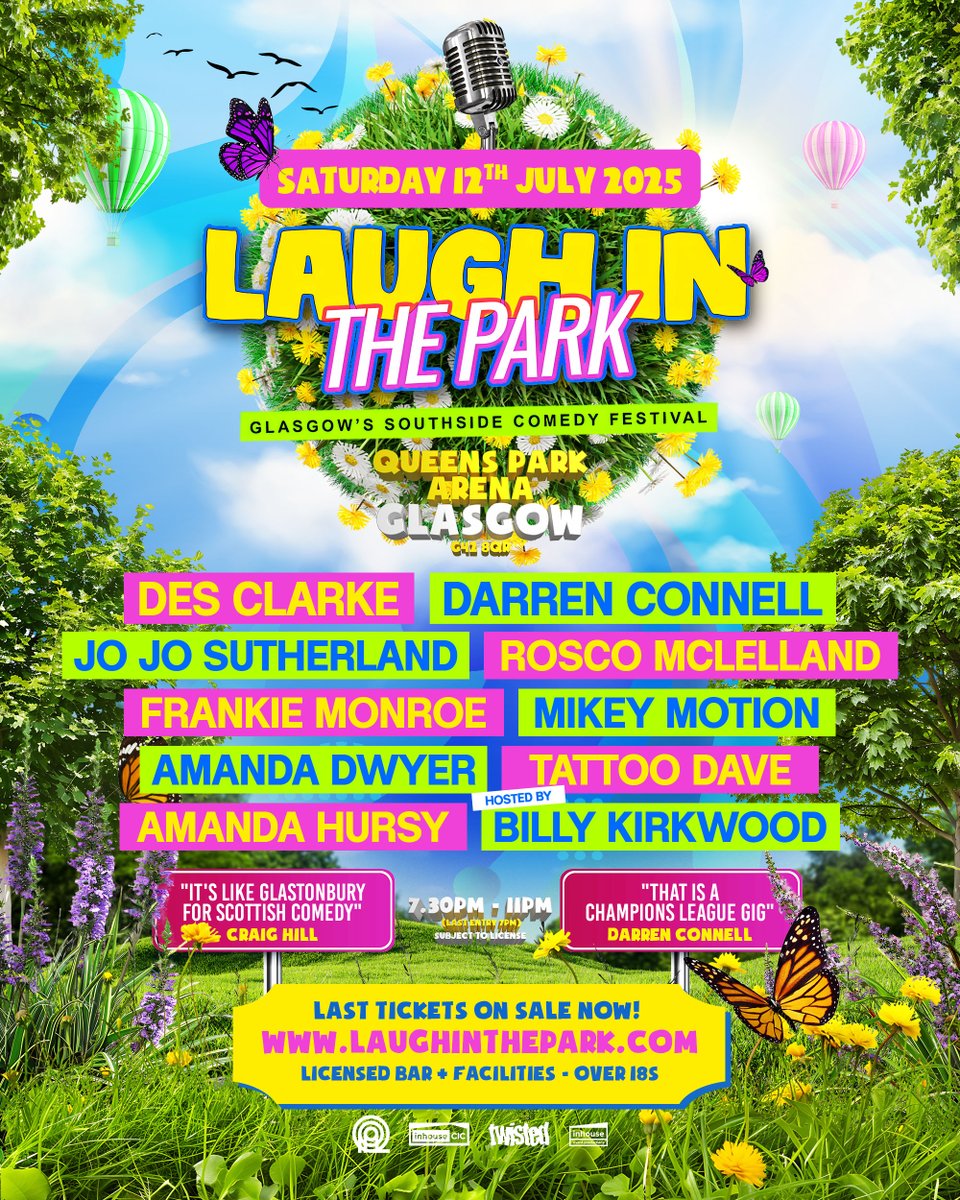 ☀️🌳 𝐋𝐚𝐮𝐠𝐡 𝐢𝐧 𝐭𝐡𝐞 𝐏𝐚𝐫𝐤 '24 – Glasgow's Southside Comedy Festival
📅 Saturday 12th July 2025
🎤 Our full lineup has just been announced!
🎟️ Tickets are selling fast—get yours before they're gone! 📲 laughinthepark.com