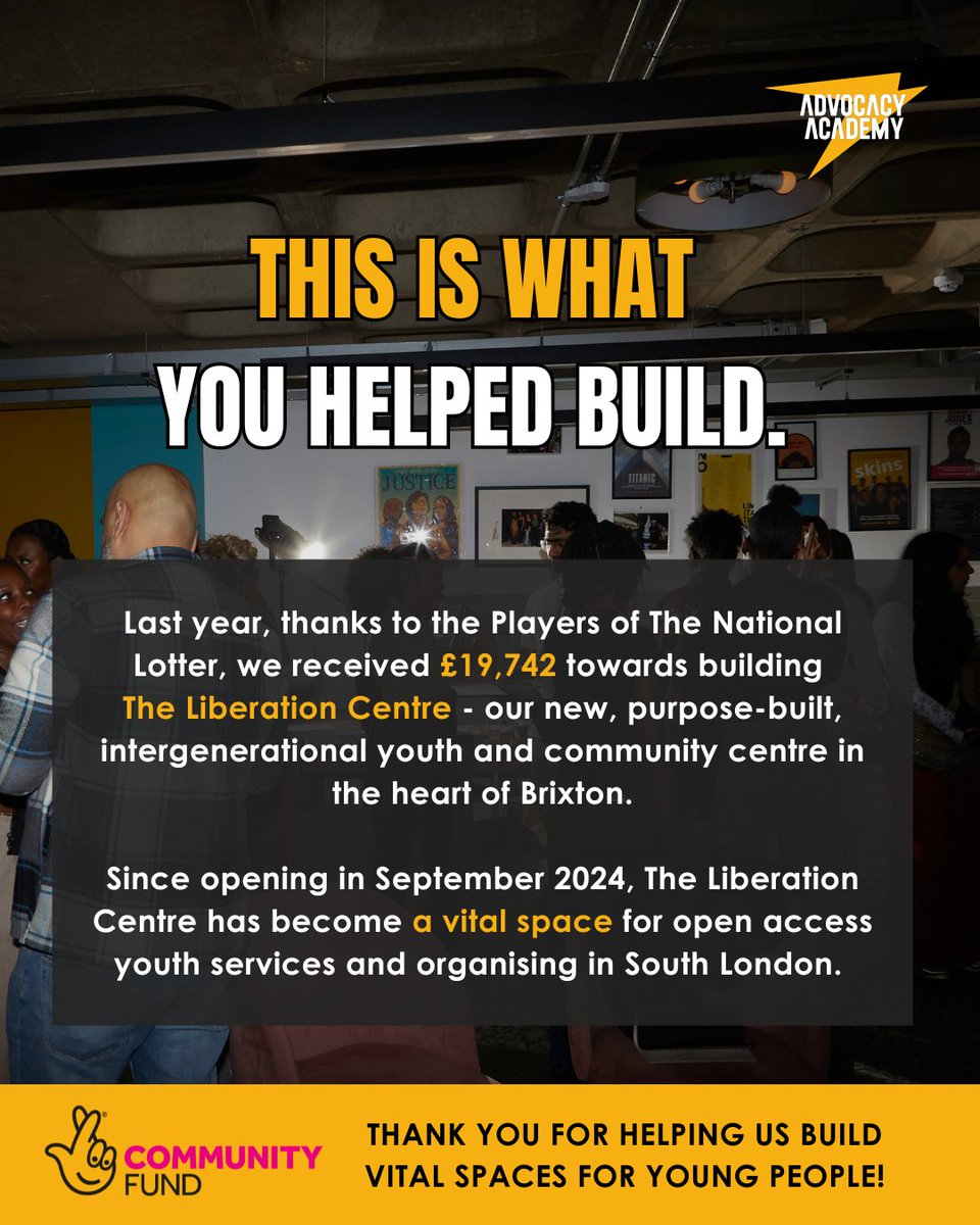 The Advocacy Academy (@advocacyacademy) on Twitter photo Thanks to the players of <a href="/TNLUK/">The National Lottery</a>!
Your support helped us secure £19,742 to build The Liberation Centre - our new intergenerational youth & community centre in Brixton.
Opened Sept ‘24, it’s already providing a vital space for young people across South London💥
#NationalLottery Thanks to the players of <a href="/TNLUK/">The National Lottery</a>!
Your support helped us secure £19,742 to build The Liberation Centre - our new intergenerational youth & community centre in Brixton.
Opened Sept ‘24, it’s already providing a vital space for young people across South London💥
#NationalLottery