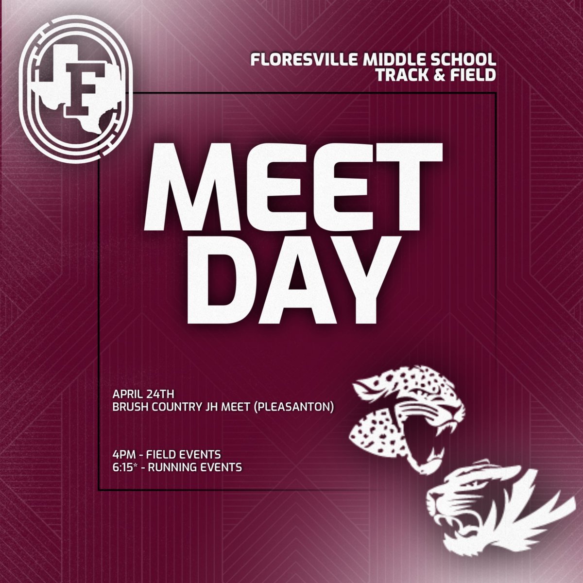 🏃‍♀️ MS MEET DAY 🏃
📍 Brush Country JH Relays (Pleasanton)
⏱️ Field - 4pm
⏱️ Running - 6:15*
