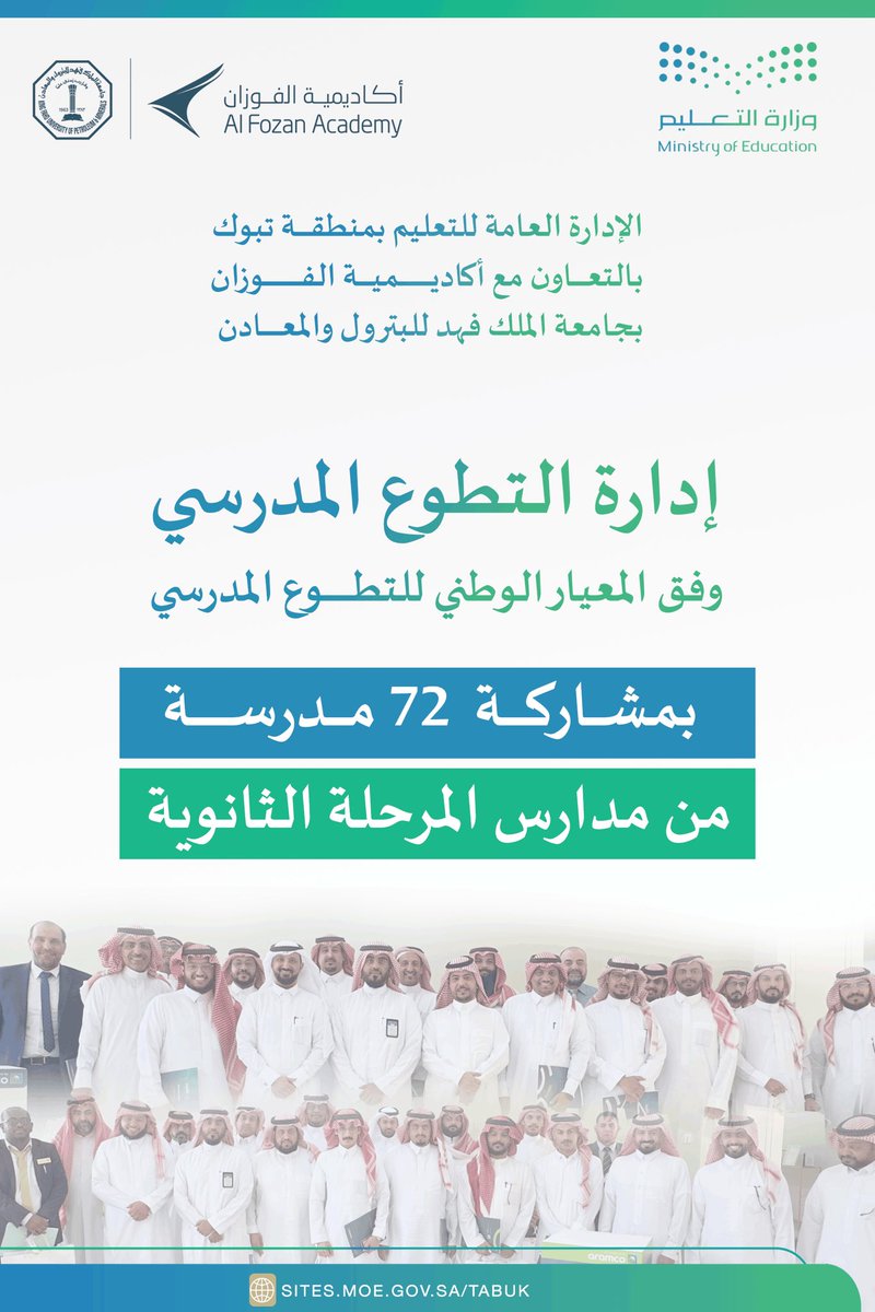 moe_tbk's tweet photo. بمشاركة 72 مدرسة ثانوية في #تعليم_تبوك وبالتعاون مع أكاديمية الفوزان بجامعة الملك فهد للبترول والمعادن.. اختتم برنامج إدارة التطوع المدرسي، والذي هدف إلى تأهيل سفراء المسؤولية المجتمعية والعمل التطوعي على إدارة التطوع وفق المعيار الوطني للتطوع المدرسي. https://t.co/rzMNby9X4A