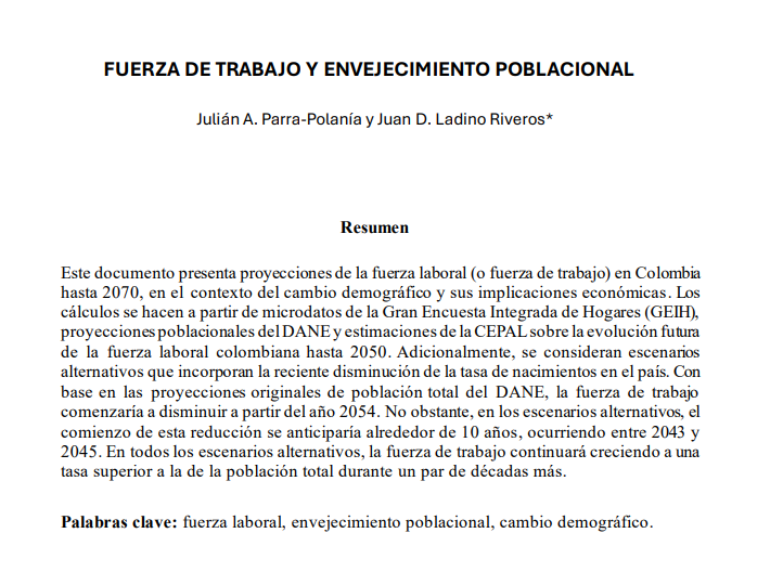 economia_red's tweet photo. 📄¡Nuevo documento en el repositorio de la Red!🥳

"Fuerza de Trabajo y Envejecimiento Poblacional" por @japuneco79 de @BancoRepublica y Juan Ladino 

👉Este trabajo presenta proyecciones de la fuerza laboral en Colombia hasta 2070, en el contexto del cambio demográfico y ...👇🔗 https://t.co/3FLZQAT0lu