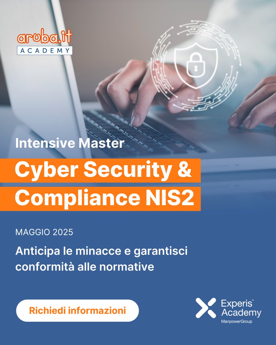🎓 #ArubaAcademy è partner del Master "Cybersecurity &amp; Compliance NIS2" di #Experis Academy.
📅 Start: 23/5 | 102h di formazione | Workshop finale nel nostro Data Center.
🧠 Focus su #NIS2, sicurezza IT e governance.

More info: ow.ly/rzCV50VHg64?ut…

#ArubaIT #Cybersecurity