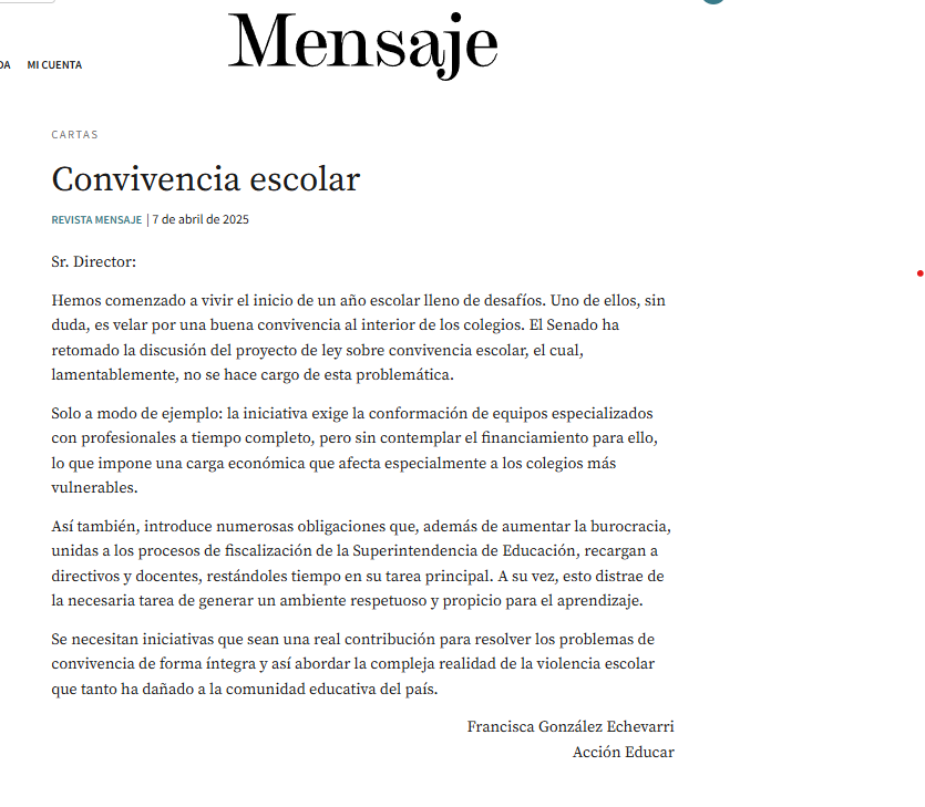 En el Día de la Convivencia Escolar, comparto esta columna en <a href="/revistamensaje/">Revista Mensaje</a>. Es urgente adoptar acciones eficaces para prevenir la violencia y fortalecer ambientes sanos. El proyecto en trámite es insuficiente. mensaje.cl/convivencia-es…